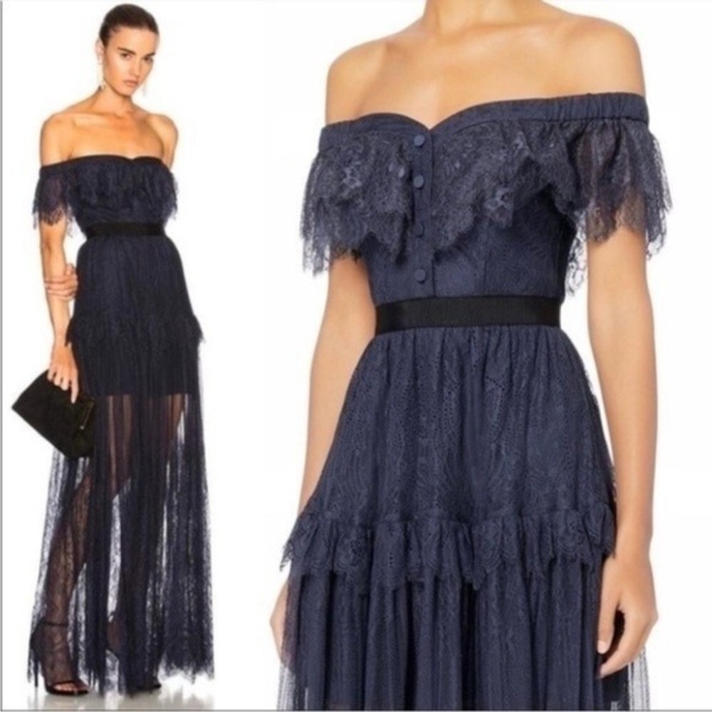 NWT‎ Self-Portrait Navy Blue Off Shoulder Fine Lace Maxi Dress
